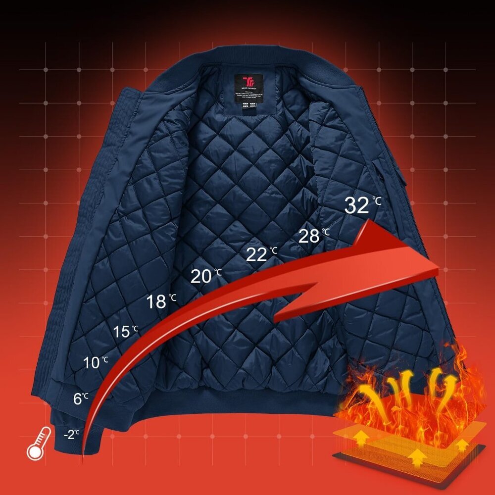 Men's Dark Navy Blue Windproof Quilted Bomber Jacket Coats Warm Winter Outwear - Picture 3 of 6